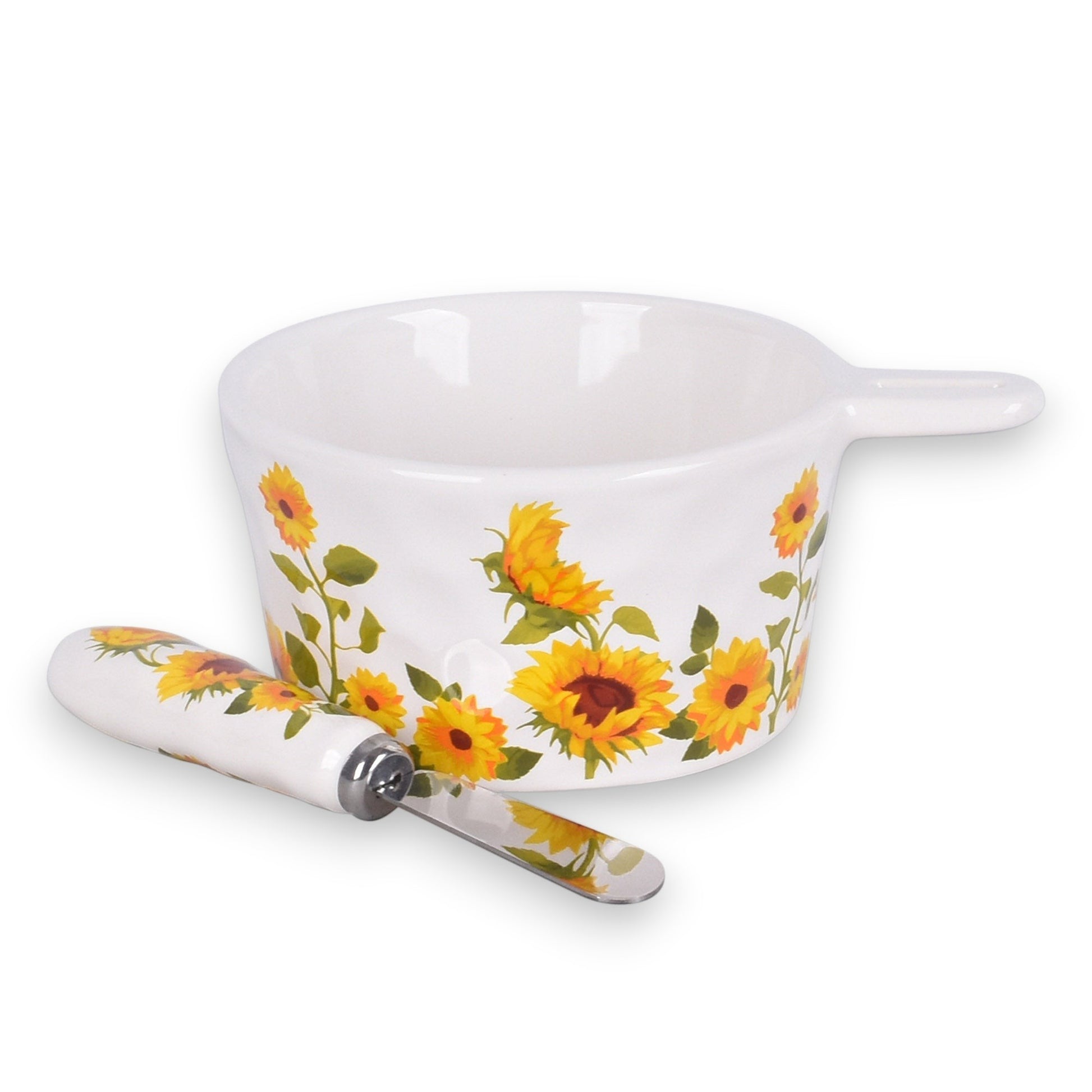 Mellow Monkey ceramic sunflower dip bowl with matching spreader knife, 10-oz capacity, white stoneware with floral print