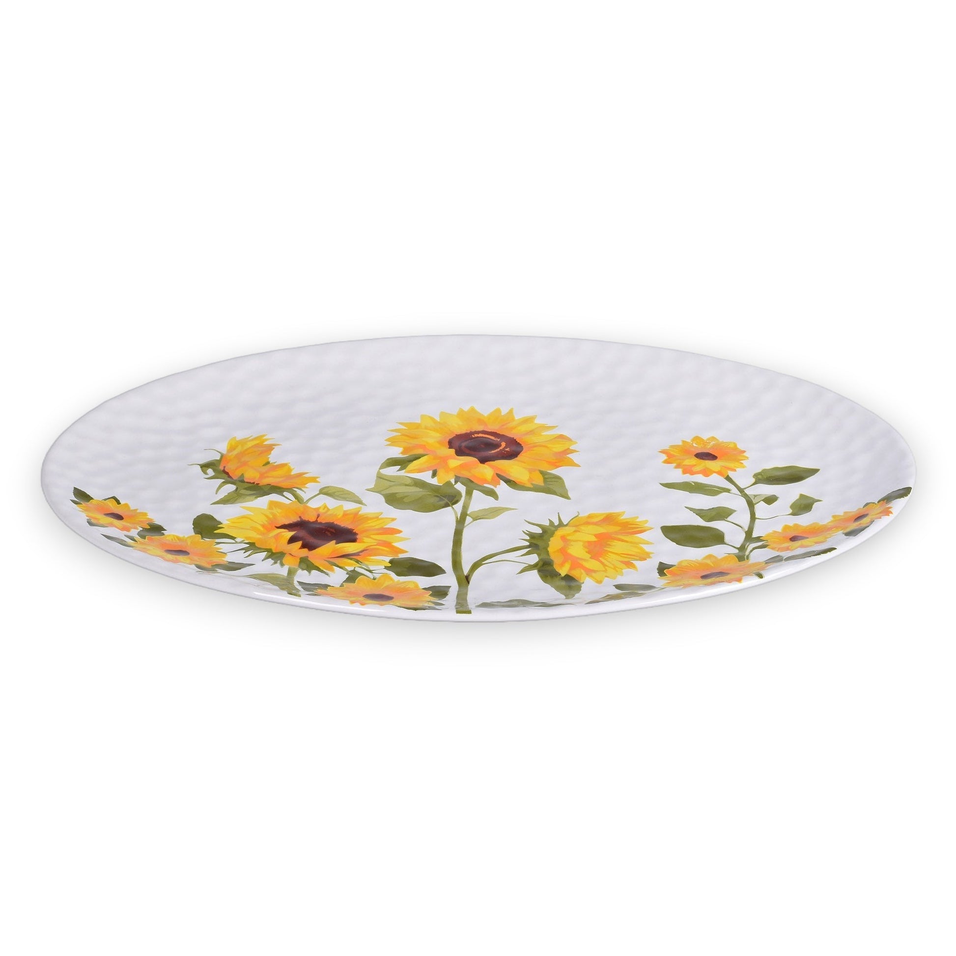 Mellow Monkey 18-inch oval ceramic platter featuring a vibrant yellow sunflower pattern on a textured white background