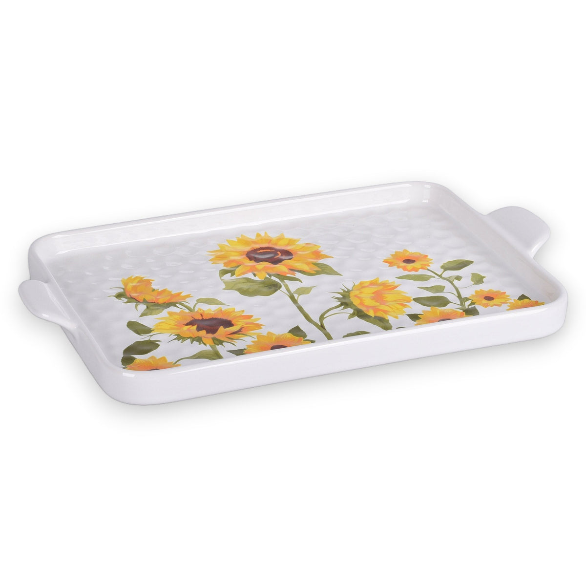 Mellow Monkey Temp-tations sunflower patterned rectangular stoneware serving platter with side handles