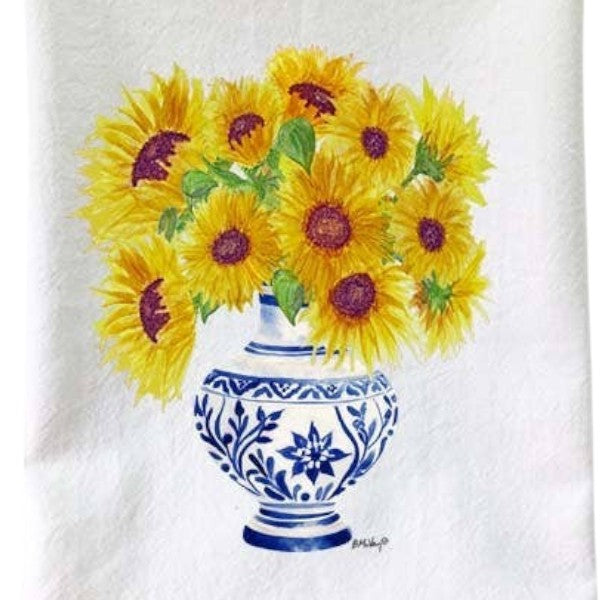 Mellow Monkey Sunflowers Blue & White Vase Flour Sack Towel, 100% cotton, absorbent, lint-free, 27" x 27".