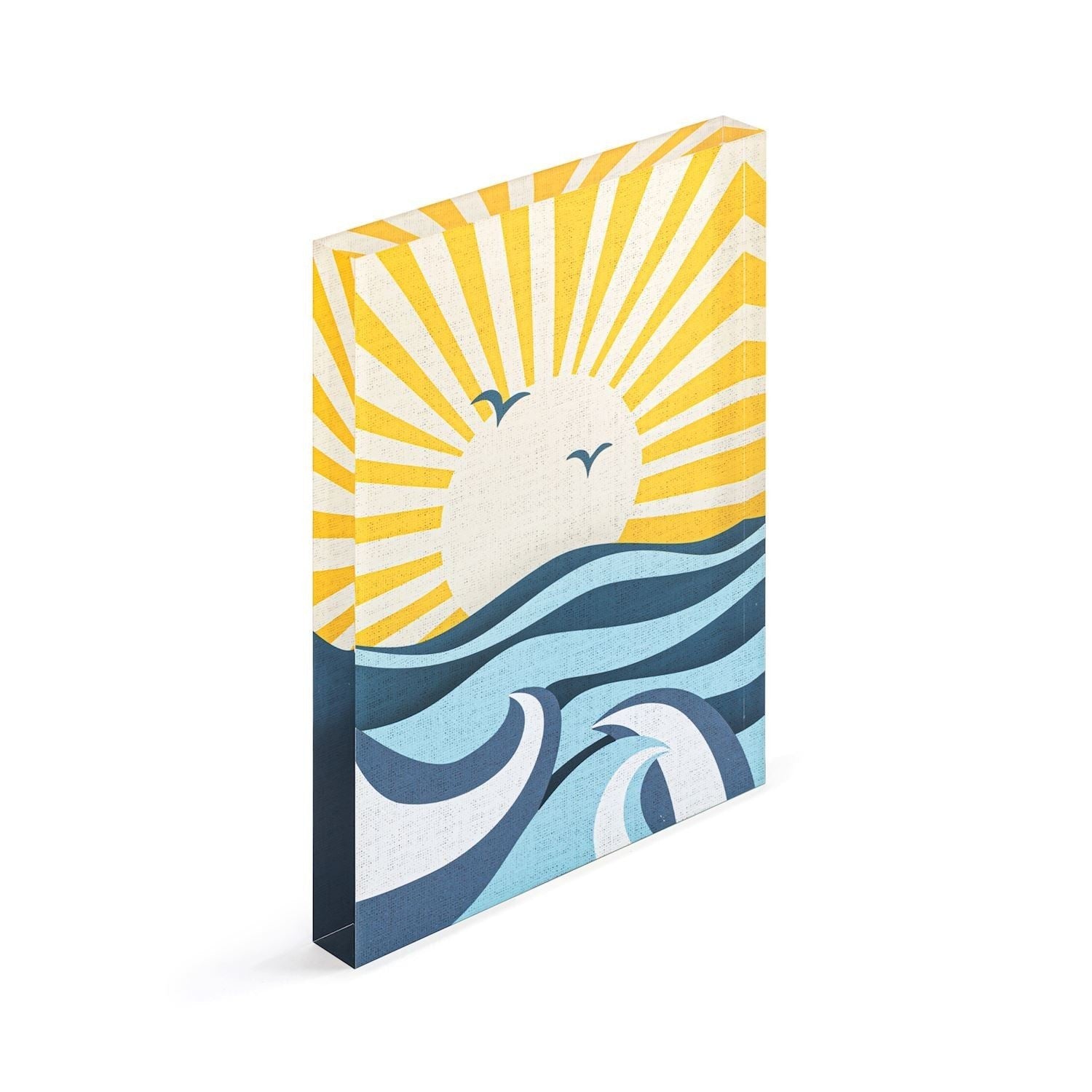 Mellow Monkey Shine Together Tile Acrylic Wall Art, 5x7-in, featuring a vibrant sunrise over blue ocean waves with two birds in flight.