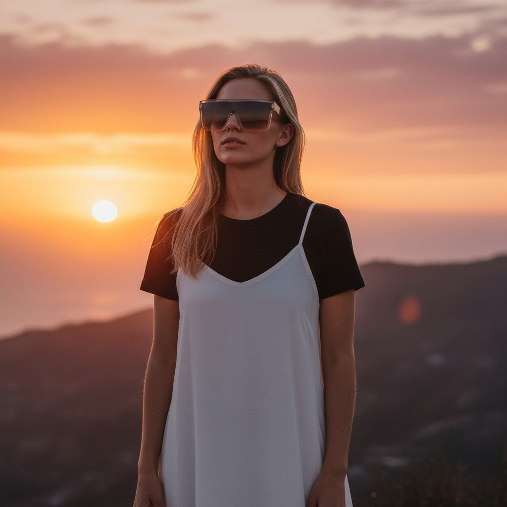 Mellow Monkey Sunset Blvd oversized flat top sunglasses with gradient brown lenses and clear brown frames.