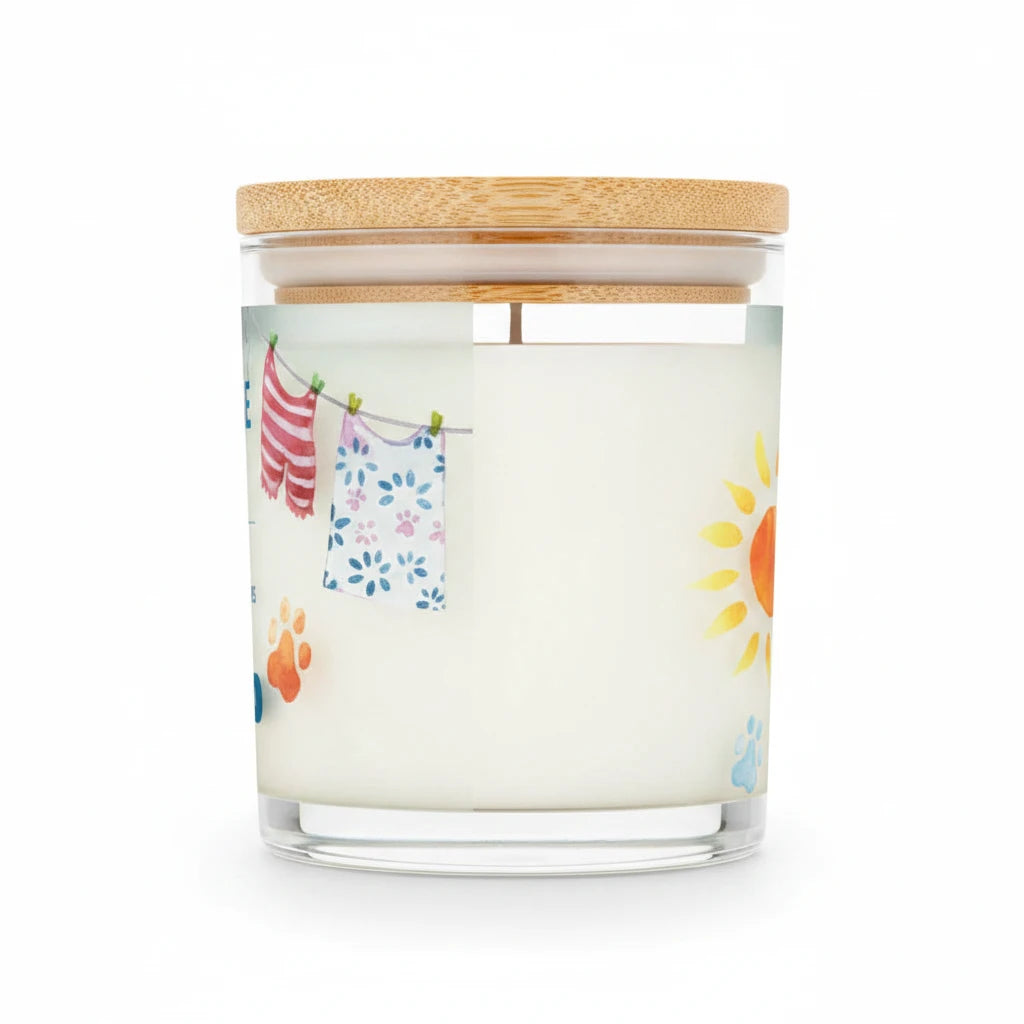 Mellow Monkey Sunwashed Cotton Pet House candle in a glass jar with a wooden lid and laundry-themed illustration