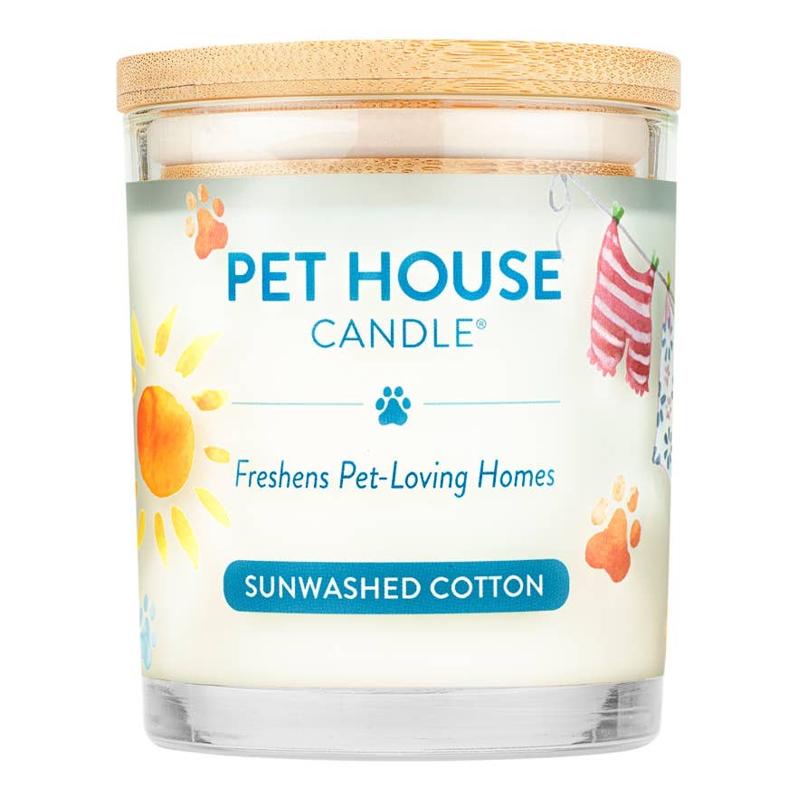 Mellow Monkey Pet House Candle in Sunwashed Cotton scent, a 9-oz odor-neutralizing candle with a bamboo lid.