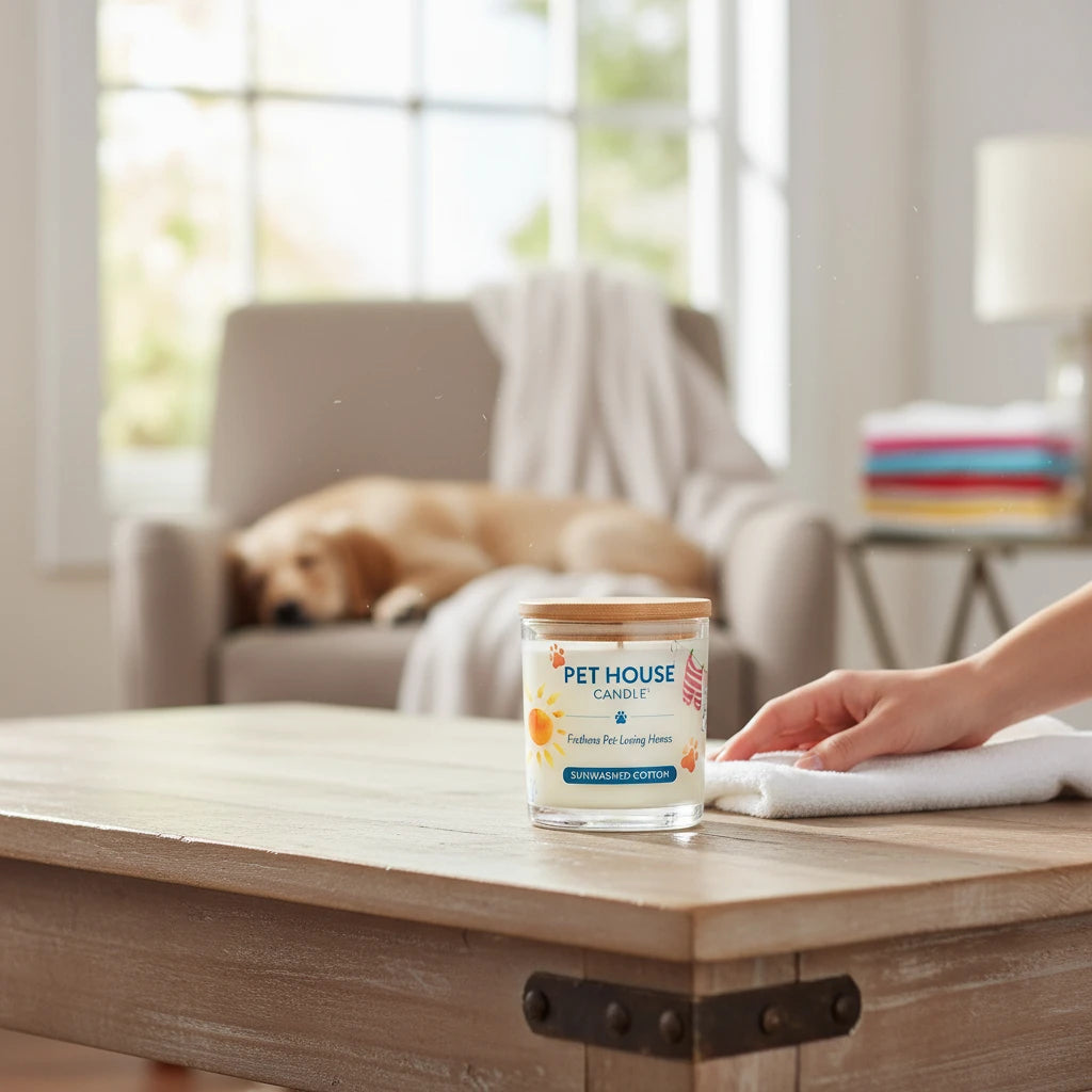 Mellow Monkey Pet House candle in Sunwashed Cotton scent on a wooden table with a dog resting in the background