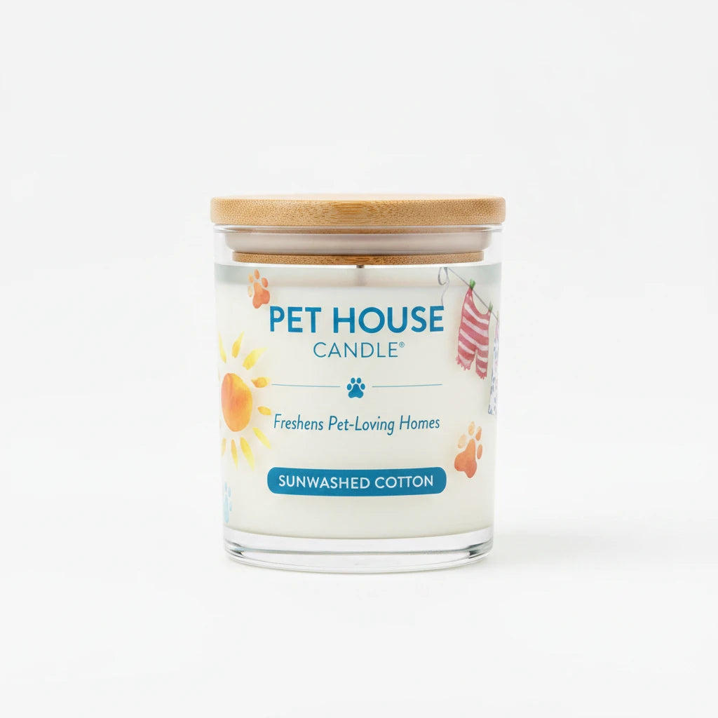 Mellow Monkey Pet House Sunwashed Cotton candle in a glass jar with a bamboo lid for neutralizing pet odors