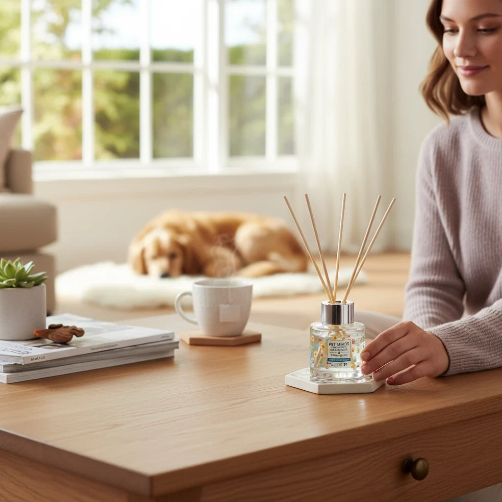 Mellow Monkey Pet House reed diffuser in Sunwashed Cotton scent on a wooden table with a woman and dog in the background