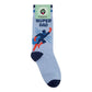 Mellow Monkey Super Dad blue crew socks featuring a superhero illustration, navy toes, and heels.