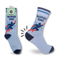 Mellow Monkey Super Dad crew socks in light blue with a superhero illustration, navy heels, and navy toes.