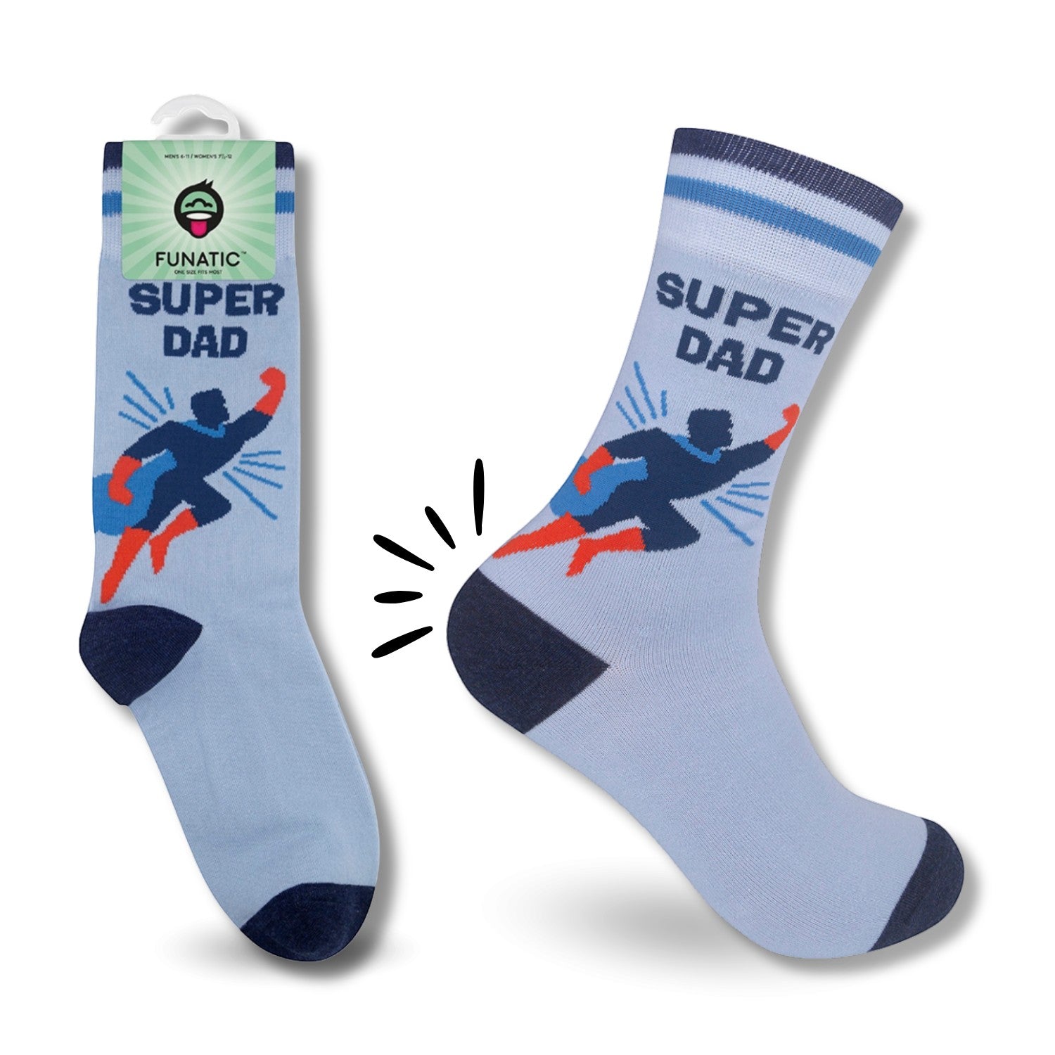 Mellow Monkey Super Dad crew socks in light blue with a superhero illustration, navy heels, and navy toes.