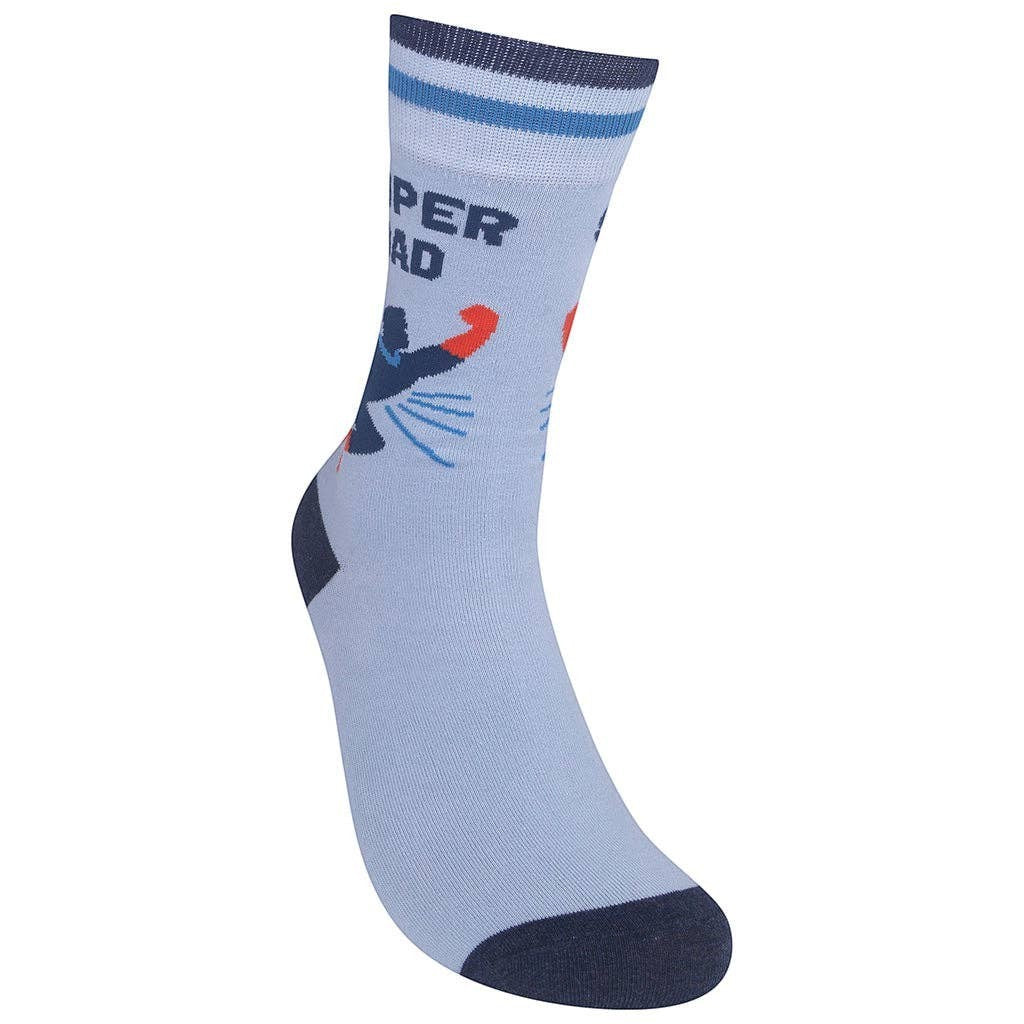 Mellow Monkey blue crew socks featuring a superhero illustration and the text Super Dad with navy toes and heels