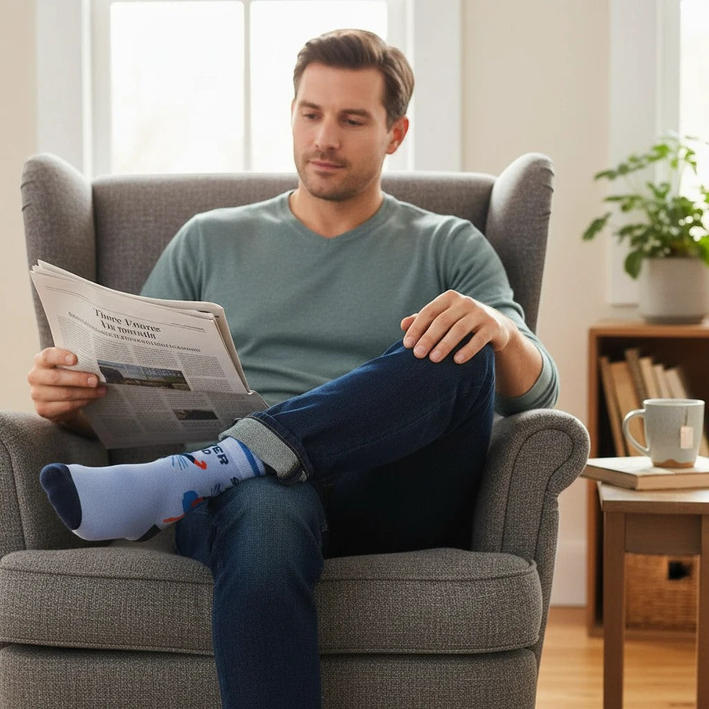 Mellow Monkey Super Dad blue crew socks with superhero design worn by a man reading a newspaper in an armchair