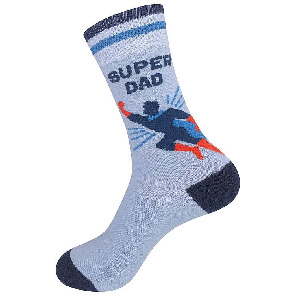Mellow Monkey blue crew socks featuring a superhero illustration and the text Super Dad with navy toes and heels.