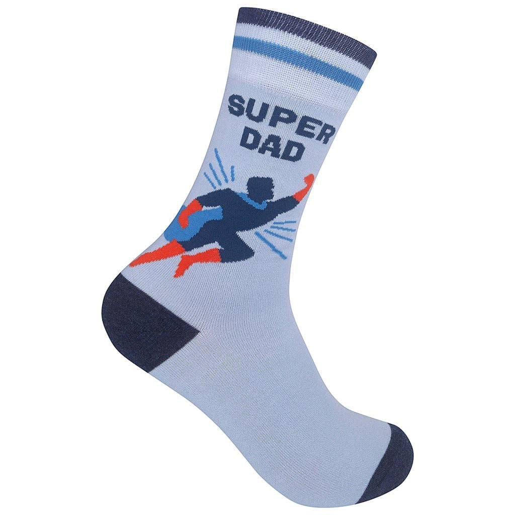 Mellow Monkey blue crew socks featuring a flying superhero illustration and Super Dad text for Father's Day gifts.
