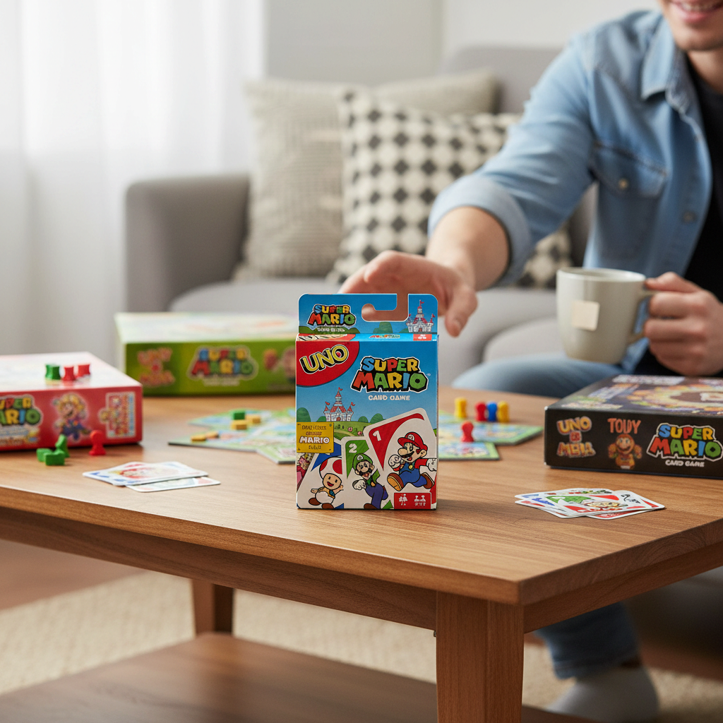 Mellow Monkey Super Mario UNO card game box featuring Mario, Luigi, and Toad with a special Super Star rule card.