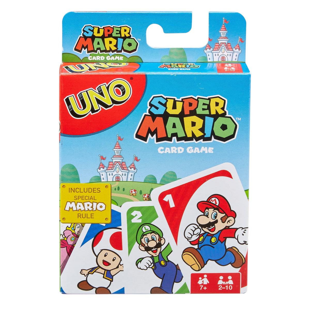 Mellow Monkey Super Mario UNO card game box featuring Mario, Luigi, and Toad with a special Super Star rule card.