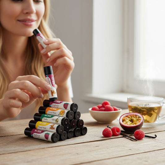 Mellow Monkey SURR Silk Ultra lip balms in Raspberry, Honey Moon, and Vanilla flavors. Pack of 24.