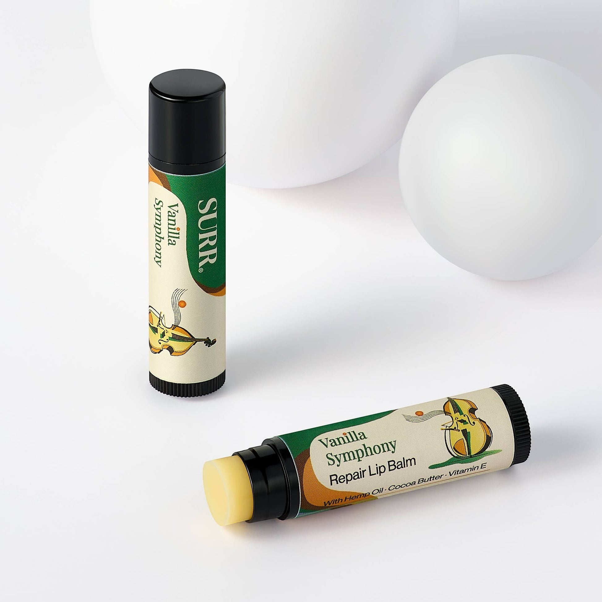 Mellow Monkey SURR Vanilla Symphony Repair Lip Balm with Hemp Oil, Cocoa Butter, and Vitamin E.