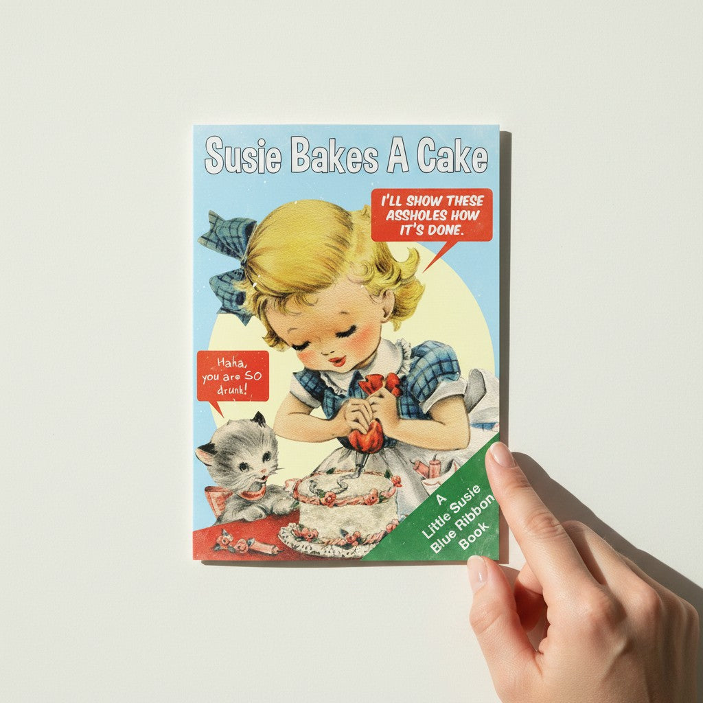Mellow Monkey Susie Bakes A Cake greeting card with vintage illustration of a girl piping frosting onto a cake, a kitten watches.