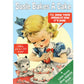 Mellow Monkey Susie Bakes A Cake greeting card featuring a retro illustration of a young girl piping frosting onto a cake, with a cat looking on.