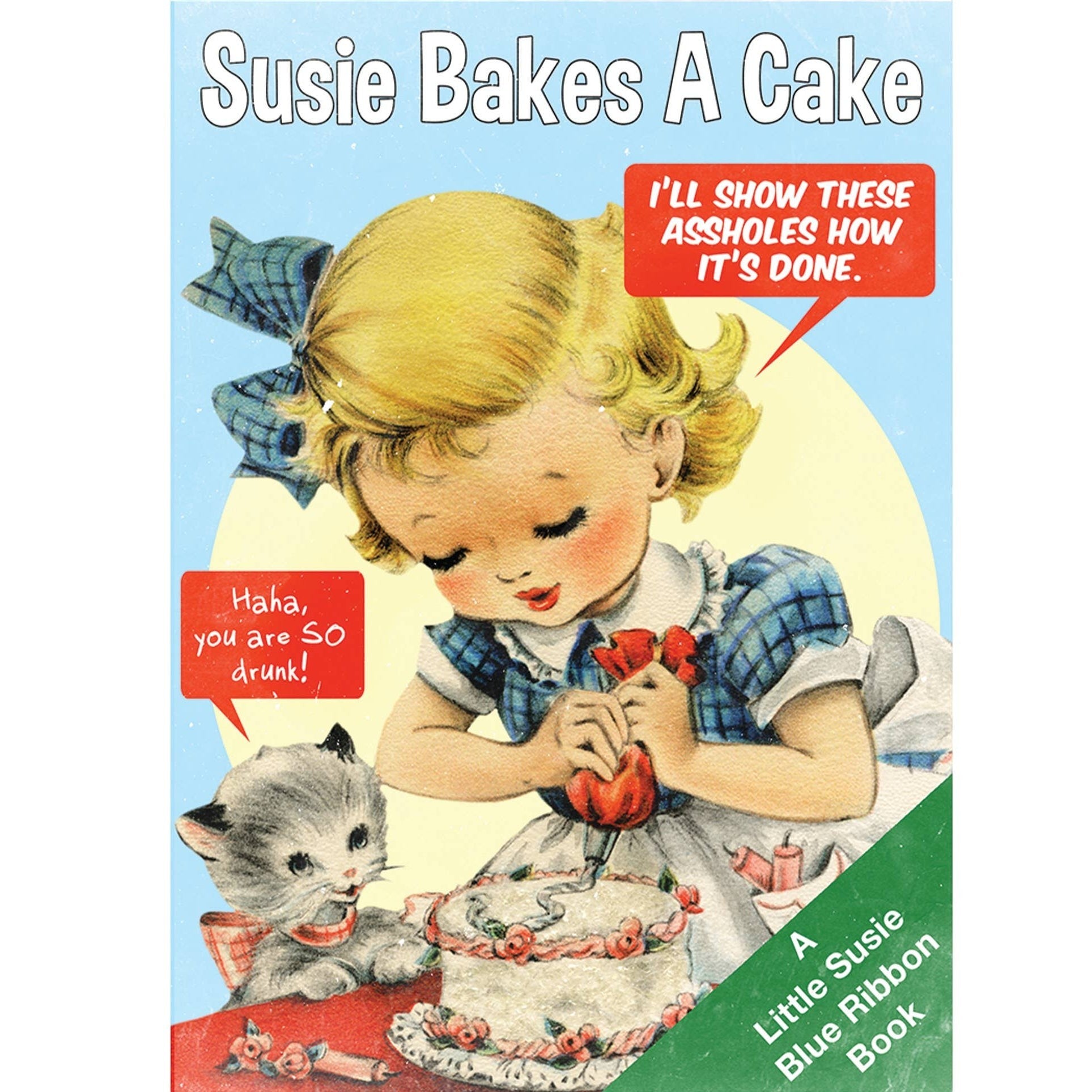 Mellow Monkey Susie Bakes A Cake greeting card featuring a retro illustration of a young girl piping frosting onto a cake, with a cat looking on.