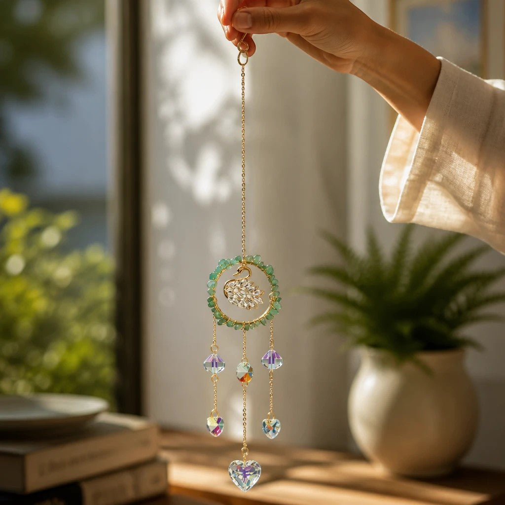 Mellow Monkey swan suncatcher with green healing stones, gold chains, and hanging crystals in a sunlit room