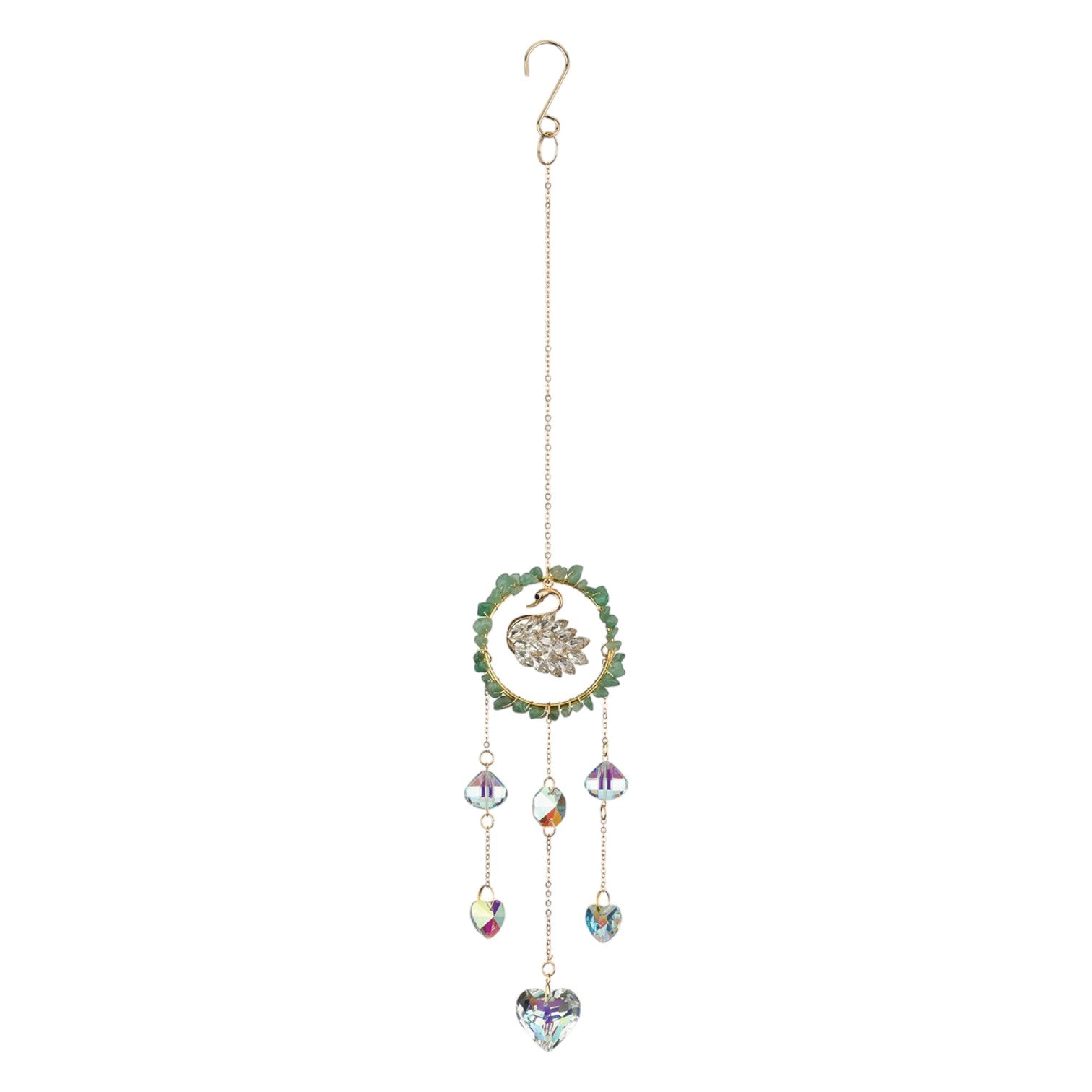Mellow Monkey swan suncatcher with healing stones, gold chains, and hanging crystals for window light reflection.
