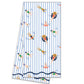 Mellow Monkey 100% cotton tea towel with a blue and white stripe pattern featuring swimmers in green, red, and blue swimsuits.