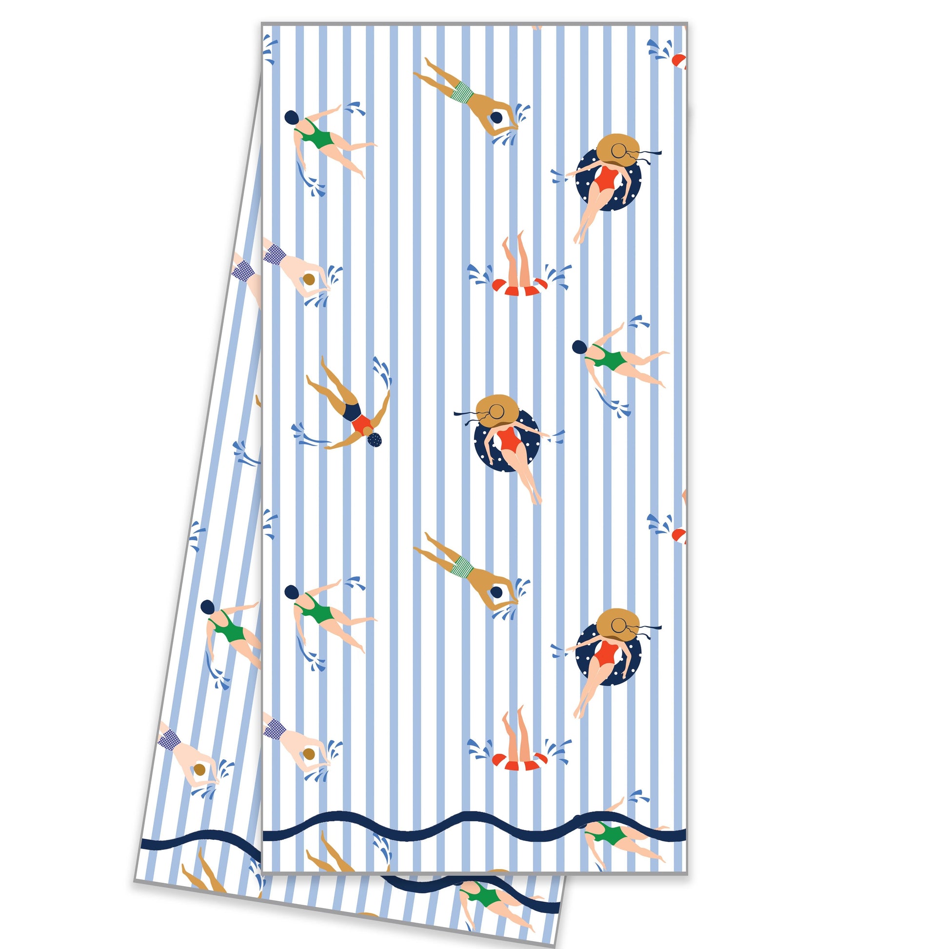 Mellow Monkey 100% cotton tea towel with a blue and white stripe pattern featuring swimmers in green, red, and blue swimsuits.