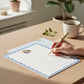 Mellow Monkey set of 10 flat notecards with a blue and white striped border featuring swimmers and pool floats.