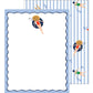 Mellow Monkey flat notecards feature swimmers in red and green swimsuits on a blue striped background. Set of 10.