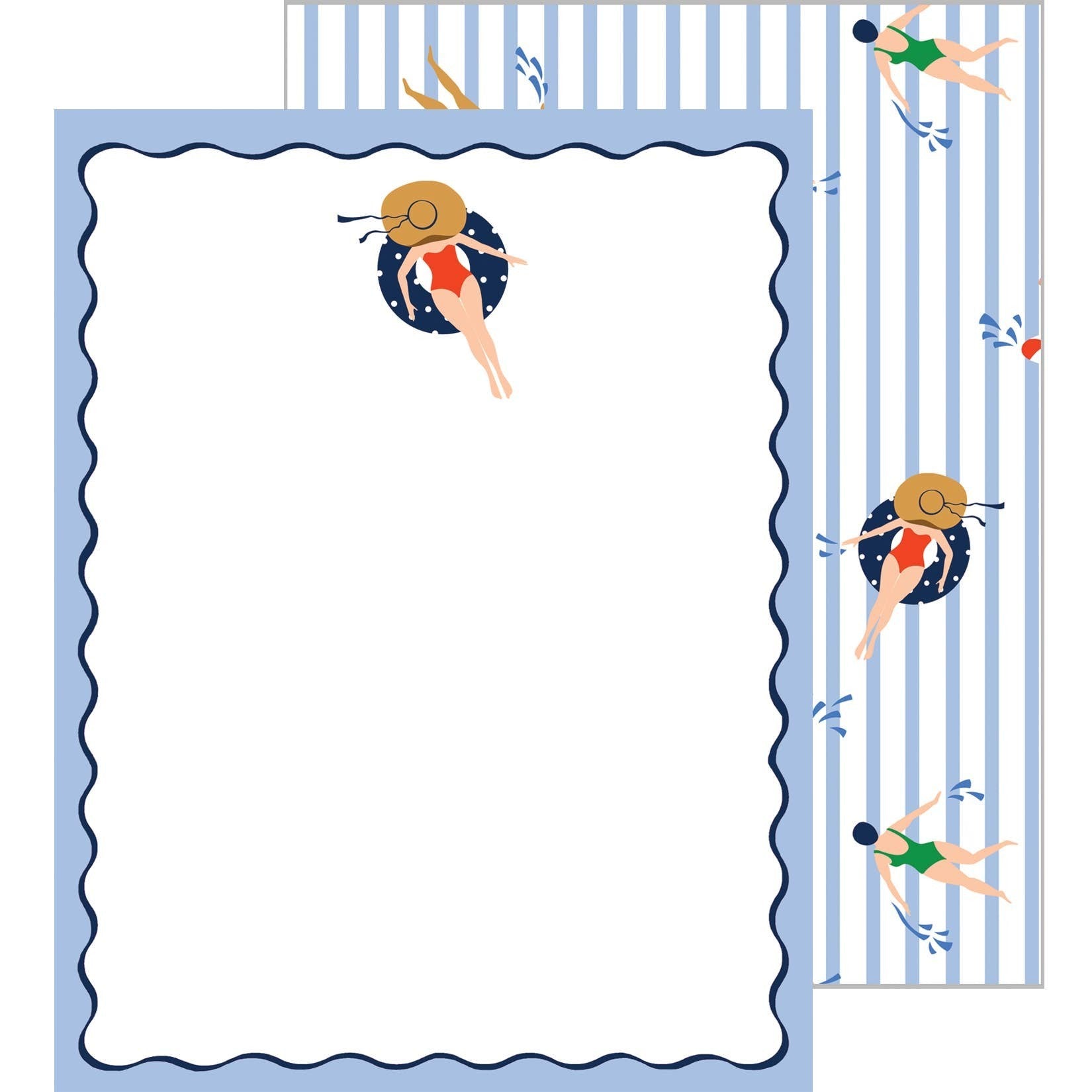 Mellow Monkey flat notecards feature swimmers in red and green swimsuits on a blue striped background. Set of 10.