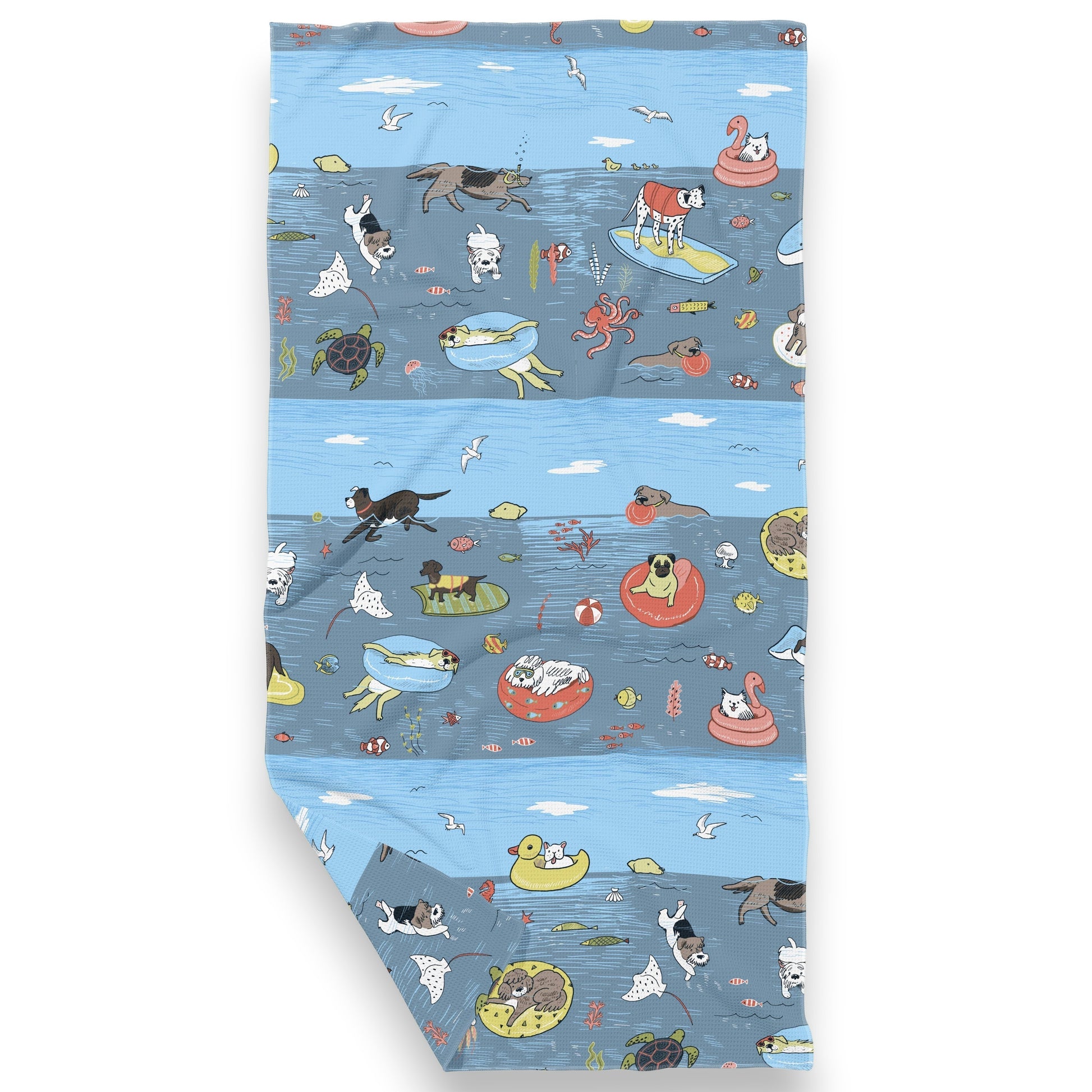 Mellow Monkey swimming dogs double-sided waffle dish towel, 18x30 inches, made from recycled polyester with a waffle texture. Features a fun, colorful print of dogs swimming and playing in the water.