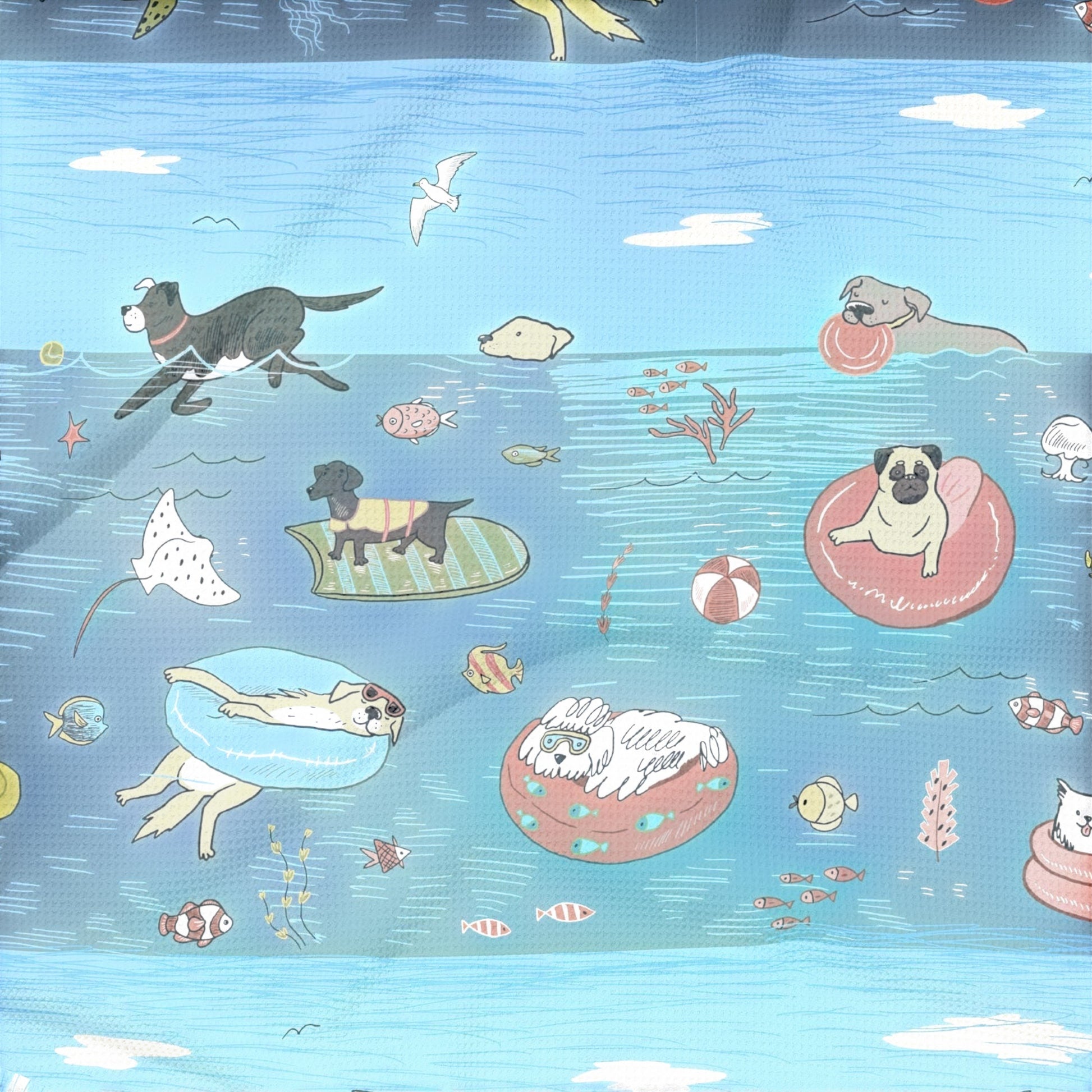 Mellow Monkey swimming dogs double-sided waffle dish towel with colorful cartoon dogs and sea creatures on blue water background.