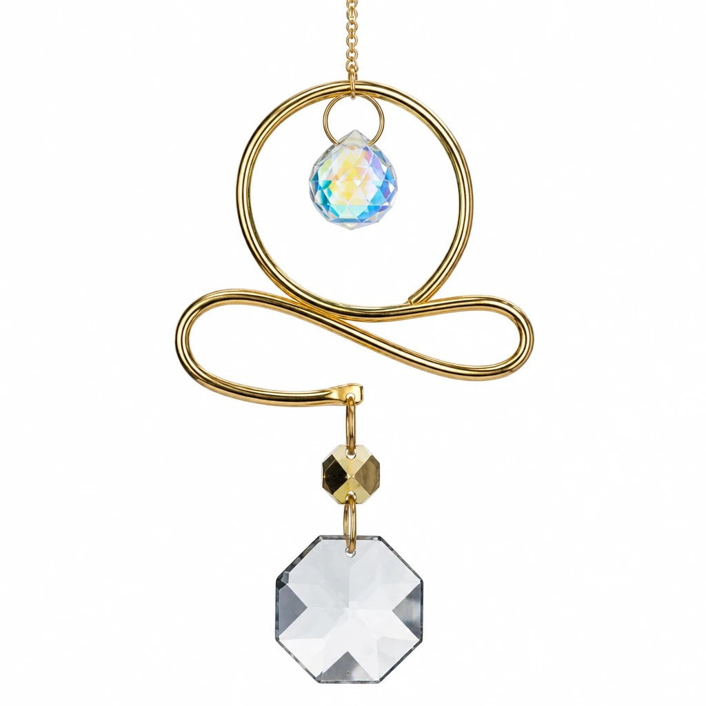 Mellow Monkey Swirl celestial suncatcher with bronze wire, gold chain, and sparkling light-reflecting crystals.
