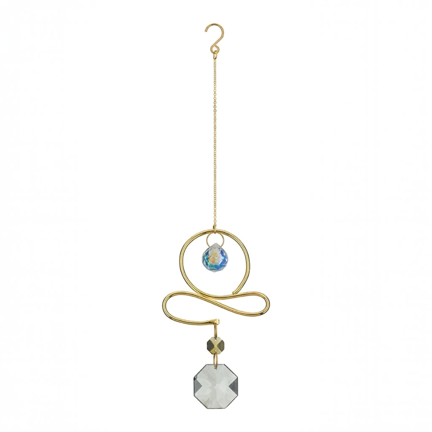 Mellow Monkey Swirl celestial suncatcher with bronze wire, gold chain, and light-reflecting hanging crystals.