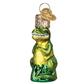 Mellow Monkey Mini T-Rex blown glass holiday ornament, green and yellow with glitter accents. Features a gold heart charm.
