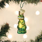 Mellow Monkey Mini T-Rex blown glass holiday ornament, green with gold crown and heart charm.