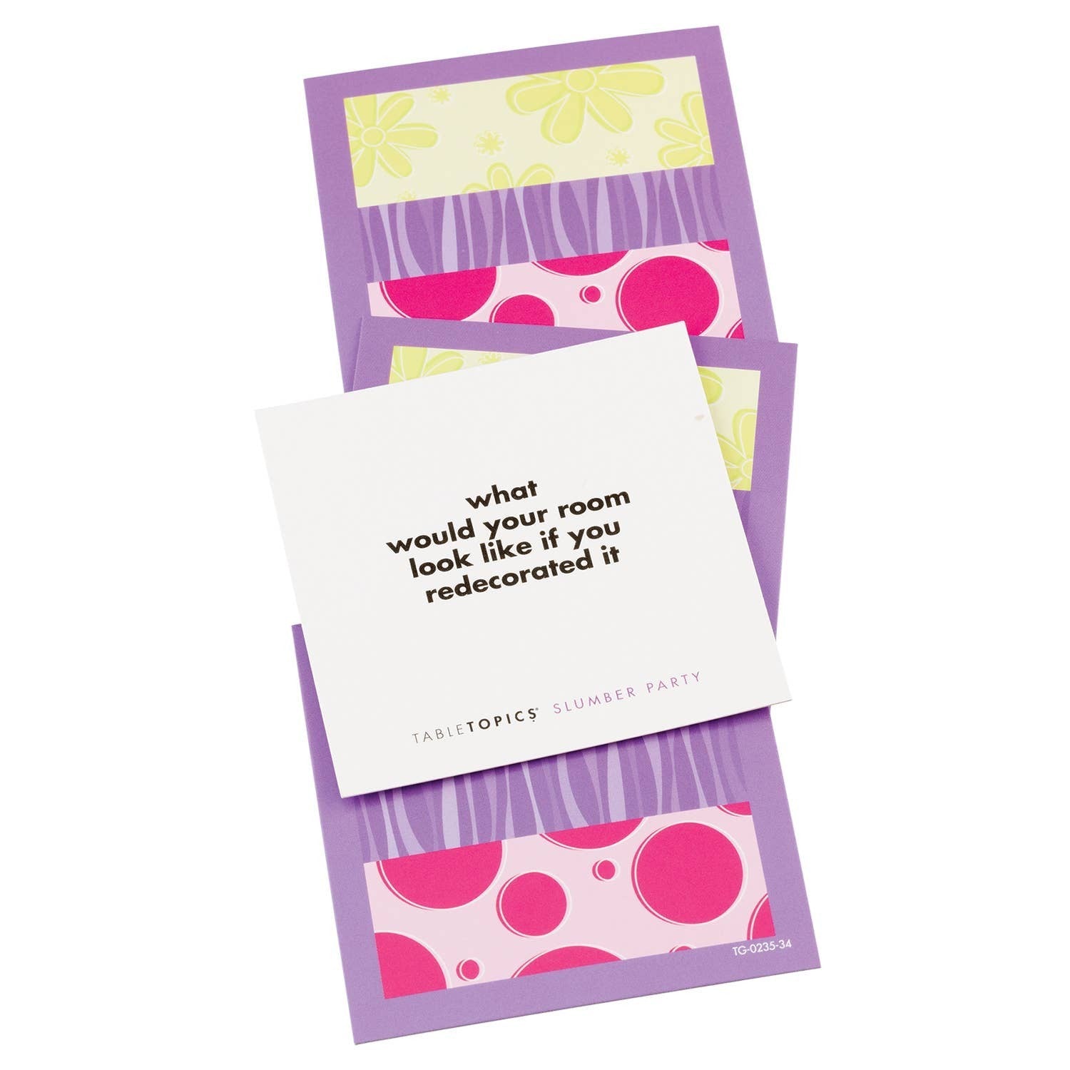 Mellow Monkey TABLETOPICS Slumber Party conversation cards with colorful floral and polka dot patterns for girls