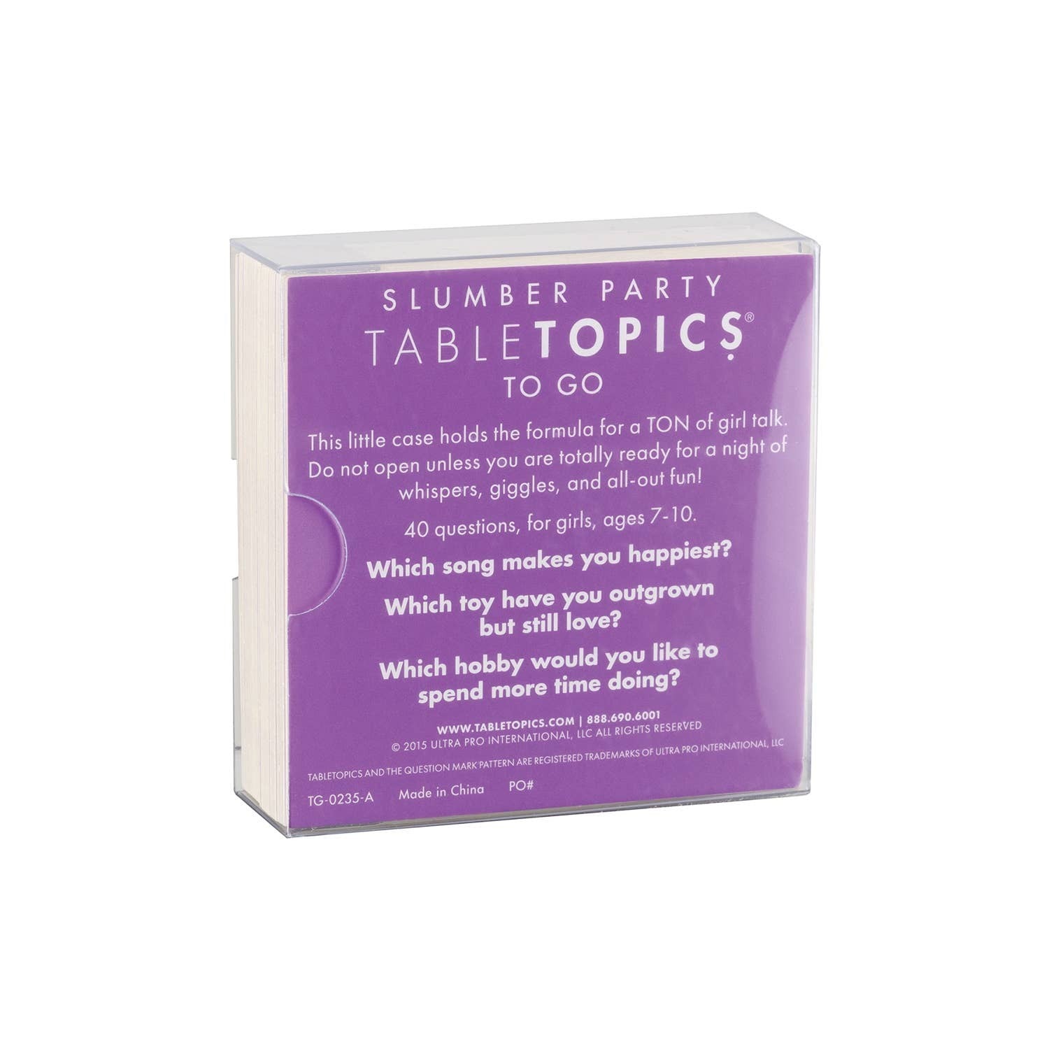 Mellow Monkey TABLETOPICS Slumber Party conversation game in a clear plastic case with purple branding