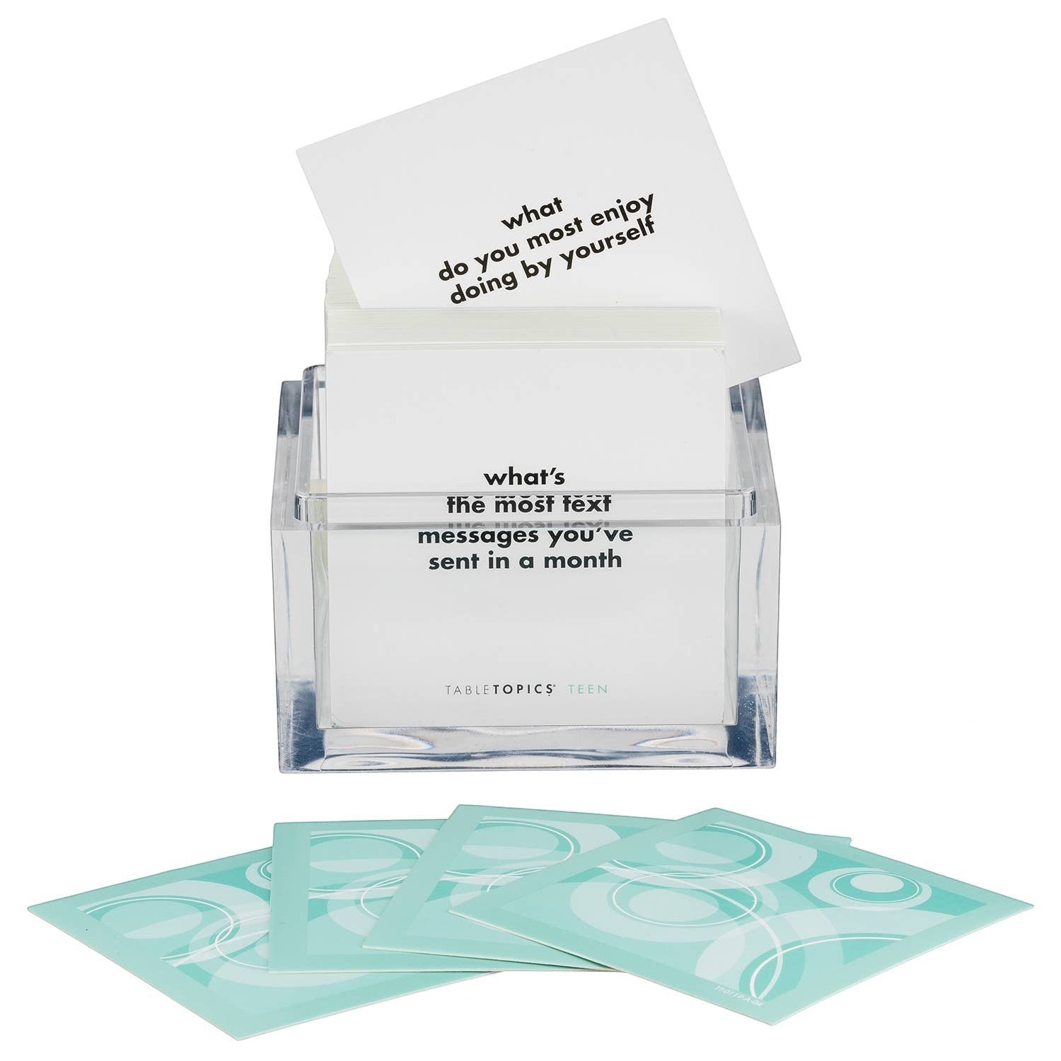 Mellow Monkey TABLETOPICS TEEN conversation starter cards in a clear acrylic cube with teal patterned cards