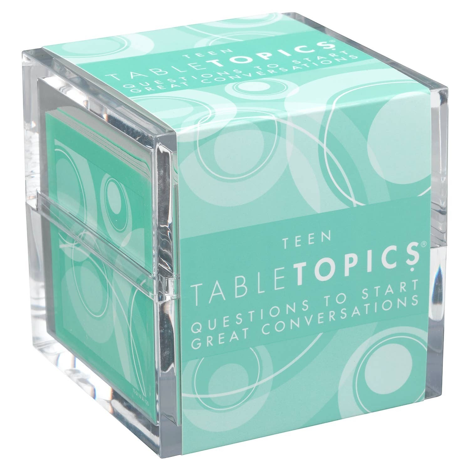 Mellow Monkey TABLETOPICS Teen conversation starter cards in a clear acrylic cube with teal packaging