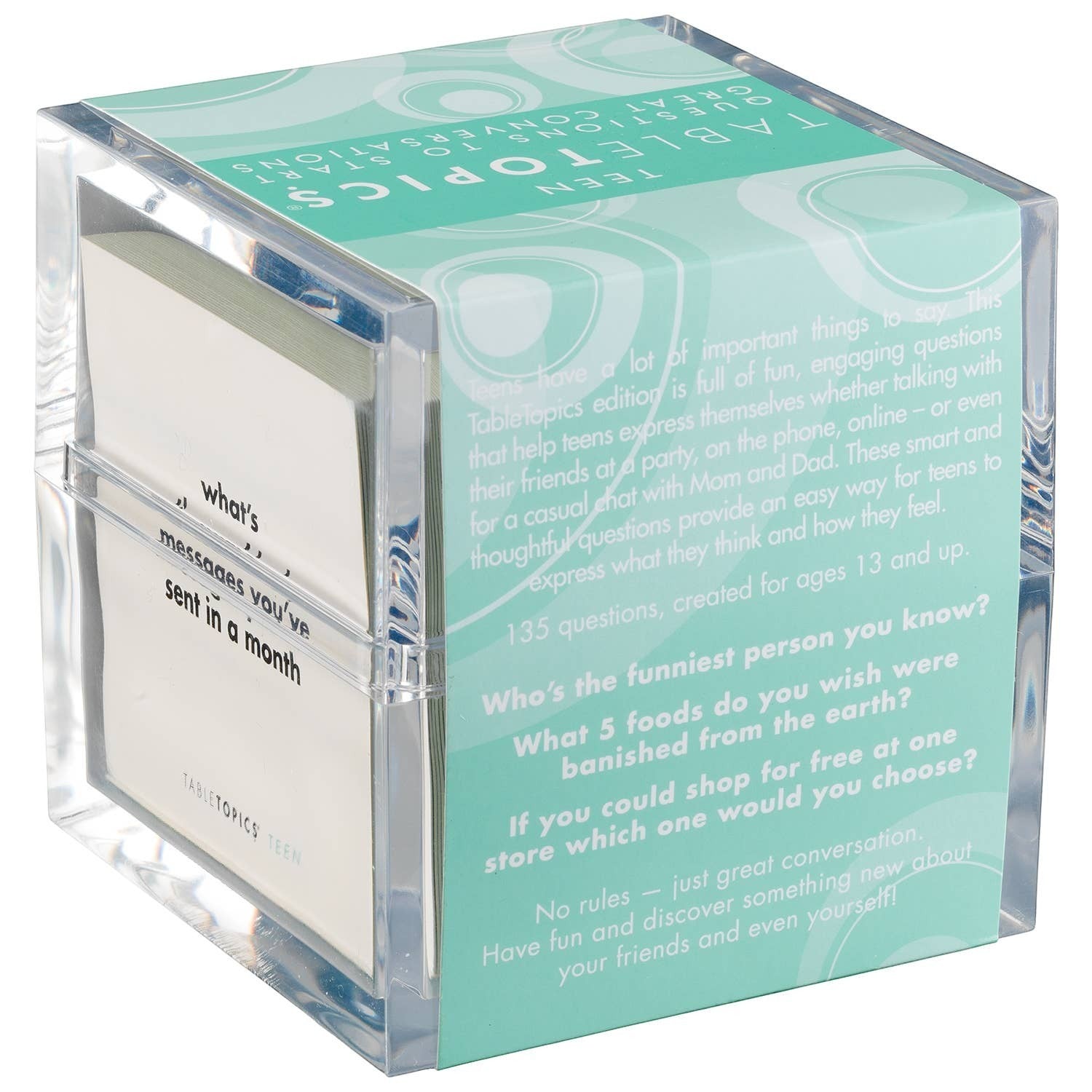 Mellow Monkey TABLETOPICS TEEN conversation starter cards in a clear acrylic cube for engaging group discussions.
