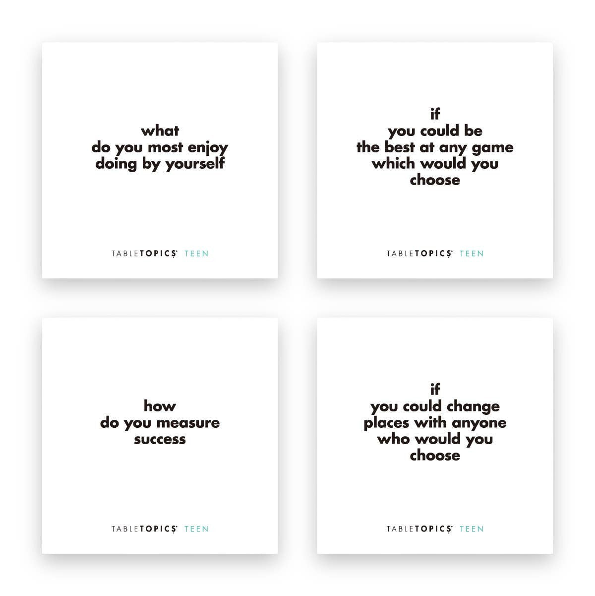 Mellow Monkey TABLETOPICS TEEN conversation cards featuring four white question cards with black text for teens.