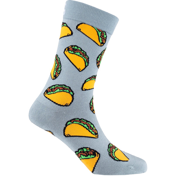 Mellow Monkey bamboo knit socks in grey with a fun golden-yellow taco pattern, hypoallergenic and anti-odor.