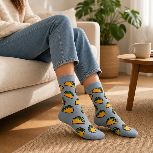 Mellow Monkey bamboo knit socks in grey with a golden-yellow taco pattern worn by a person sitting on a sofa