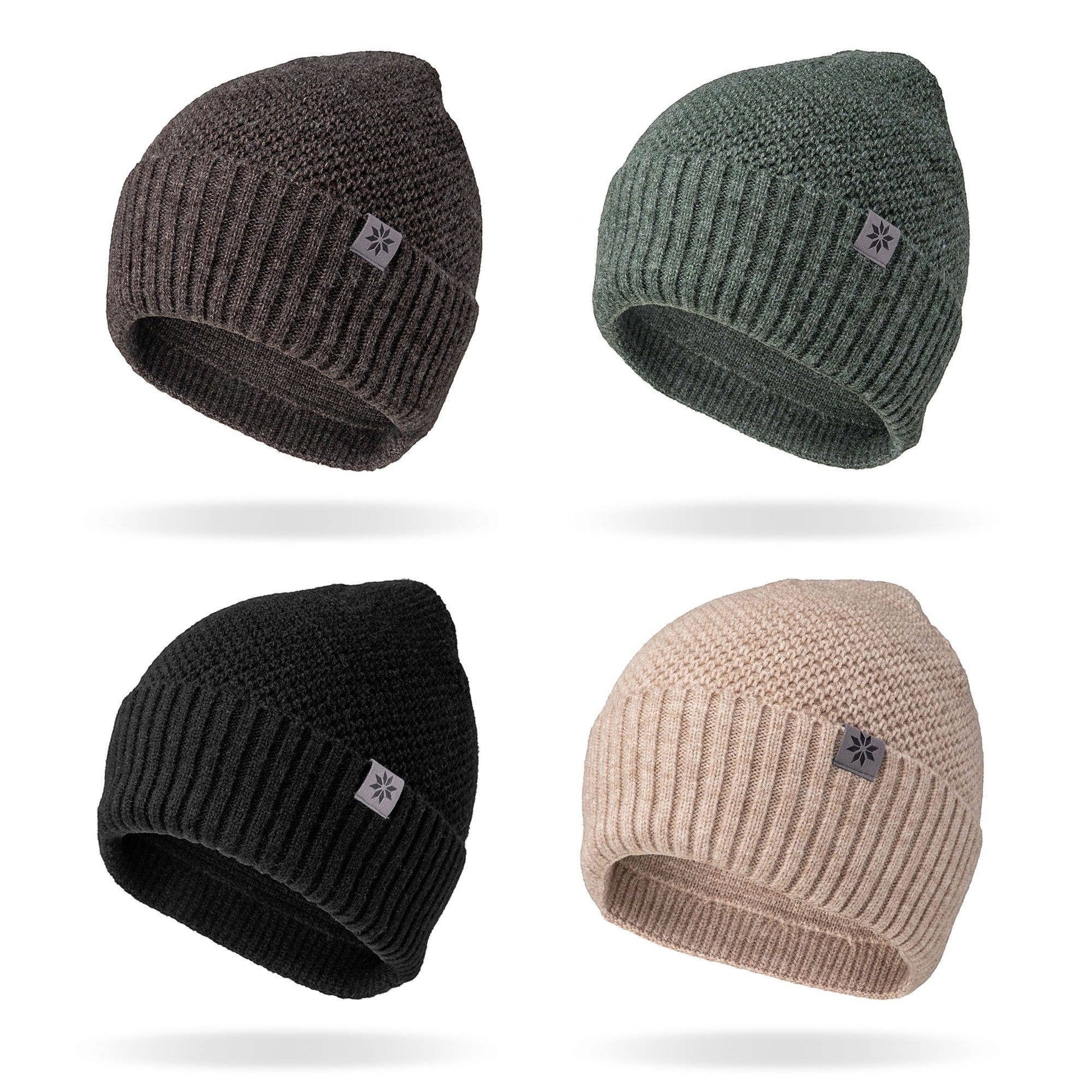 Mellow Monkey Britt's Knits Tahoe beanies in brown, green, black, and beige with moss stitch and rib knit cuffs.