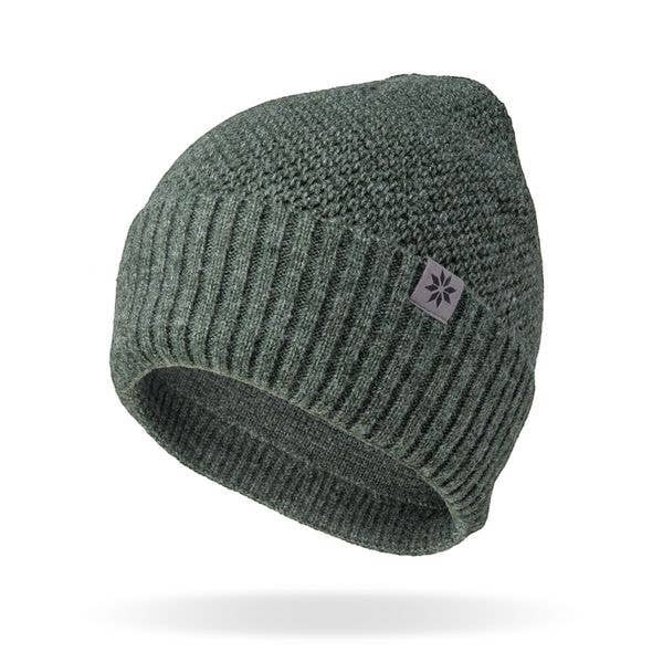 Mellow Monkey Britt's Knits Tahoe beanie in dark green with a moss stitch pattern and stretchy rib knit cuff.