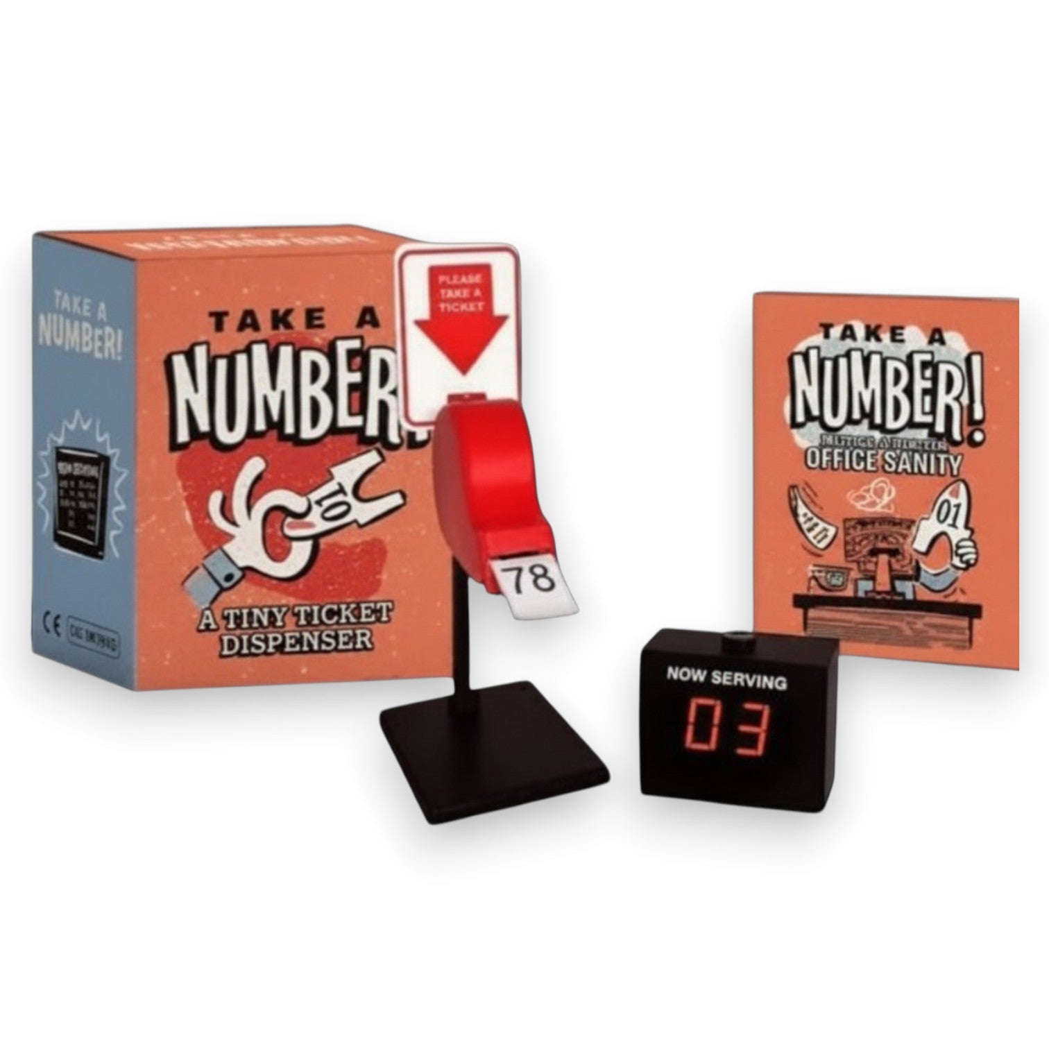 Mellow Monkey Take A Number! mini ticket dispenser set with red dispenser, digital display, and office guide booklet.