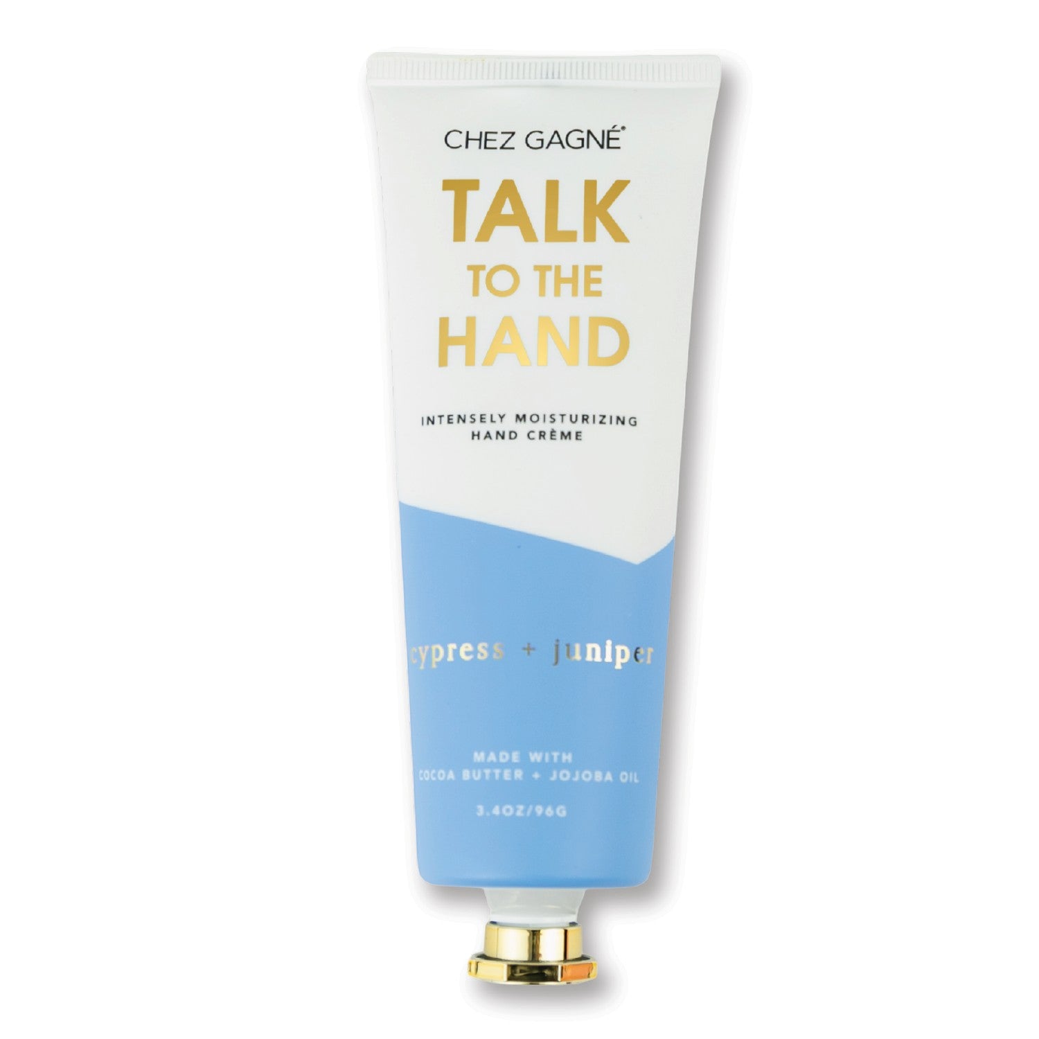 Mellow Monkey Talk to the Hand cypress and juniper scented hand cream in a white and blue tube with a gold cap.